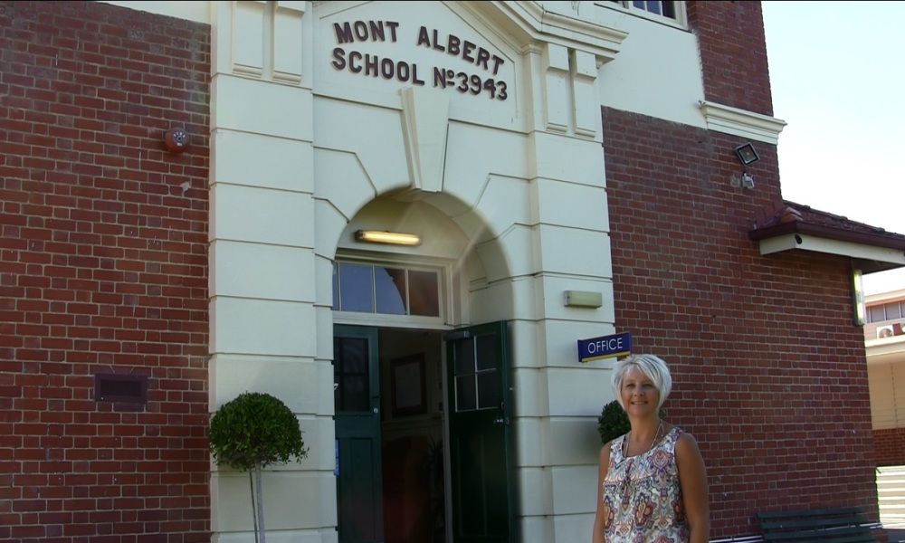 Principal Sharon Saitlik in front of Mont Albert Primary School in Melbourne.